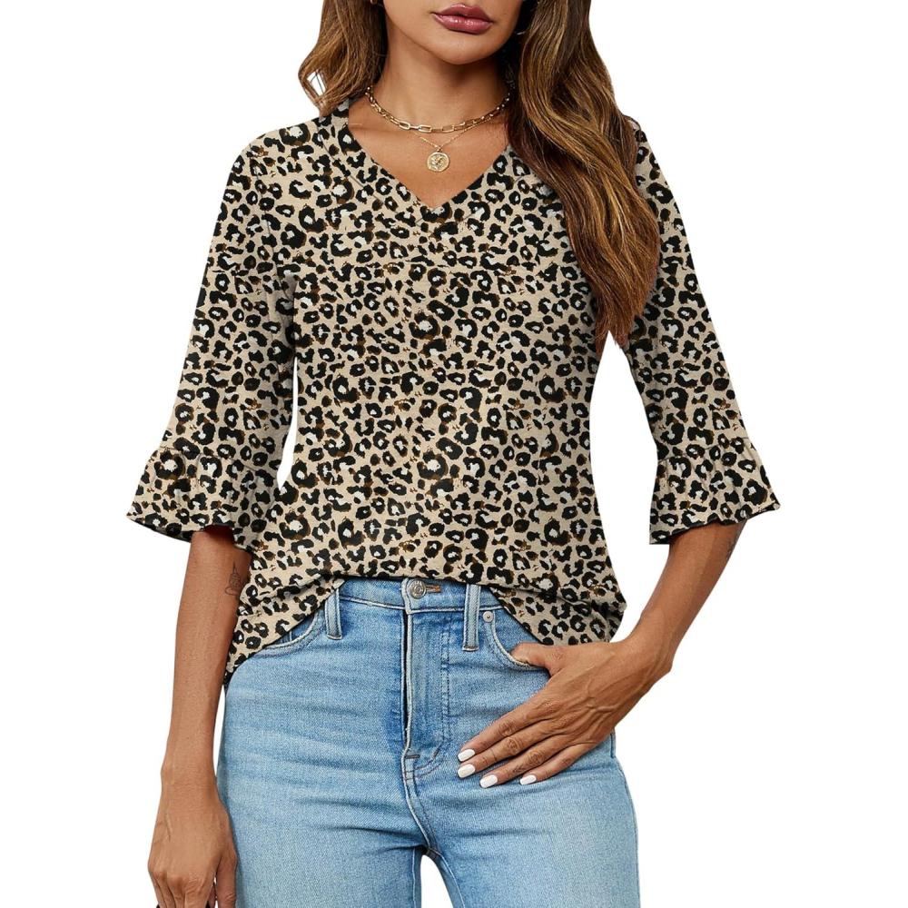 image:imageLOMON 34 Length Sleeve Womens Tops Summer VNeck Blouses Spring Ruffle Sleeve Tunic TShirts Dressy CasualLeopard
