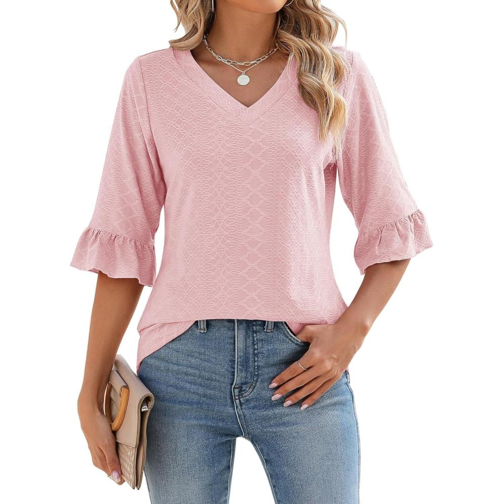image:imageLOMON 34 Length Sleeve Womens Tops Summer VNeck Blouses Spring Ruffle Sleeve Tunic TShirts Dressy CasualLight Pink