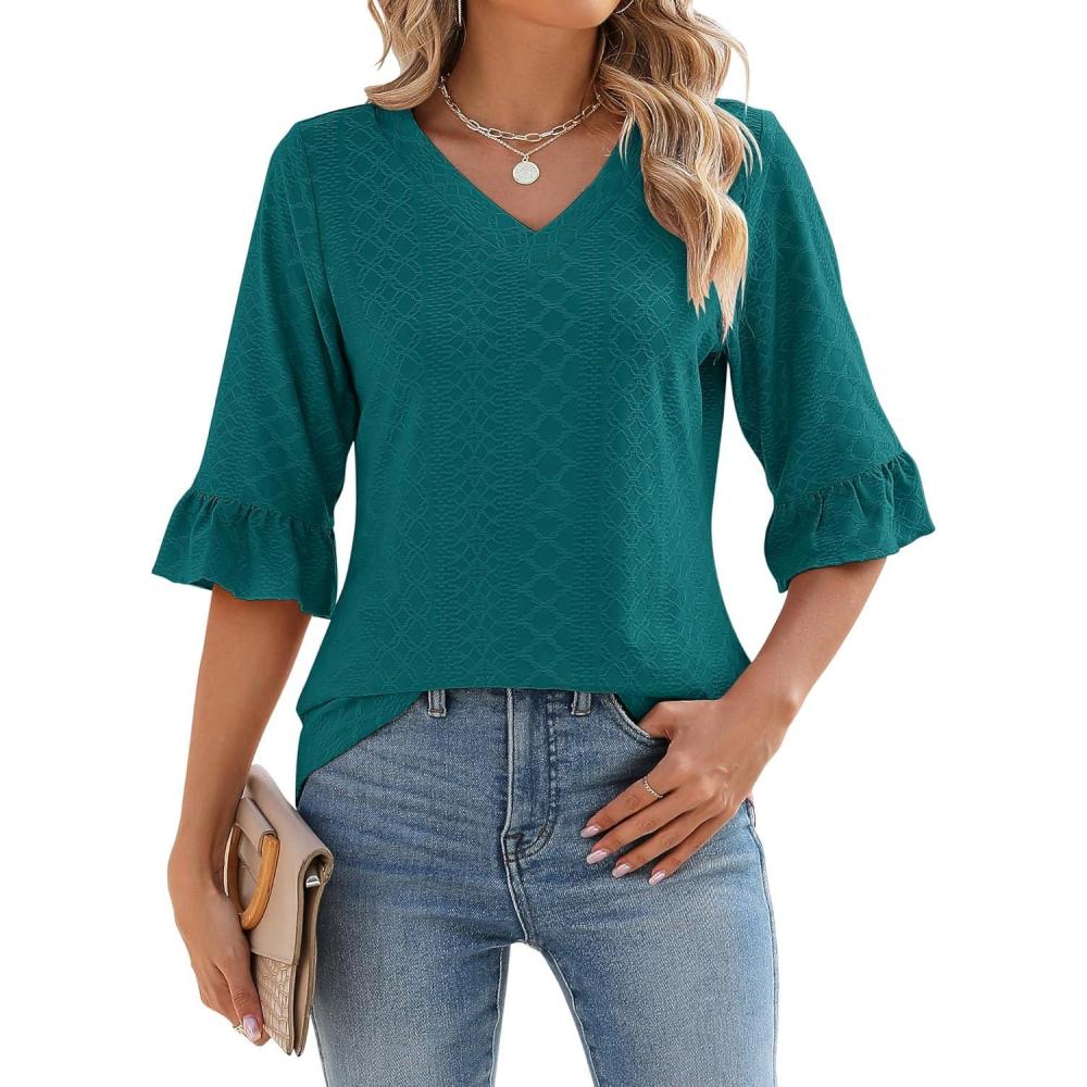 image:imageLOMON 34 Length Sleeve Womens Tops Summer VNeck Blouses Spring Ruffle Sleeve Tunic TShirts Dressy CasualPeacock Blue