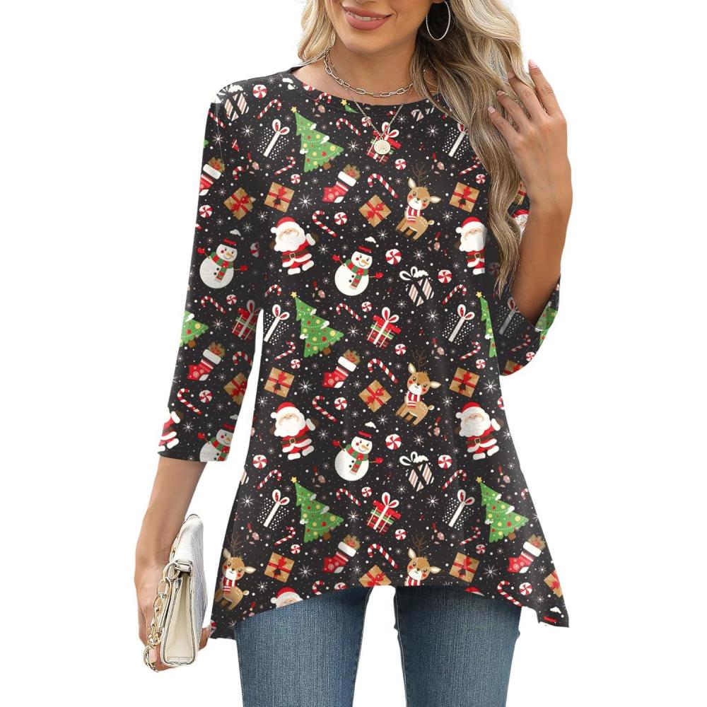 image:imageLOMON 34 Sleeve Tunic Tops for Women Loose Fit Dressy Casual Blouse Flowy Shirts to Wear with Leggings S3XL2christmas Black