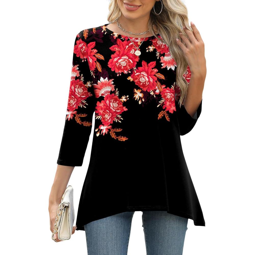image:imageLOMON 34 Sleeve Tunic Tops for Women Loose Fit Dressy Casual Blouse Flowy Shirts to Wear with Leggings S3XLBlack Red Floral