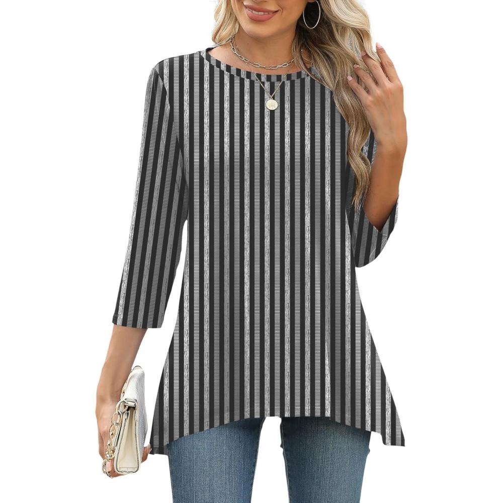 image:imageLOMON 34 Sleeve Tunic Tops for Women Loose Fit Dressy Casual Blouse Flowy Shirts to Wear with Leggings S3XLBlack White Stripes