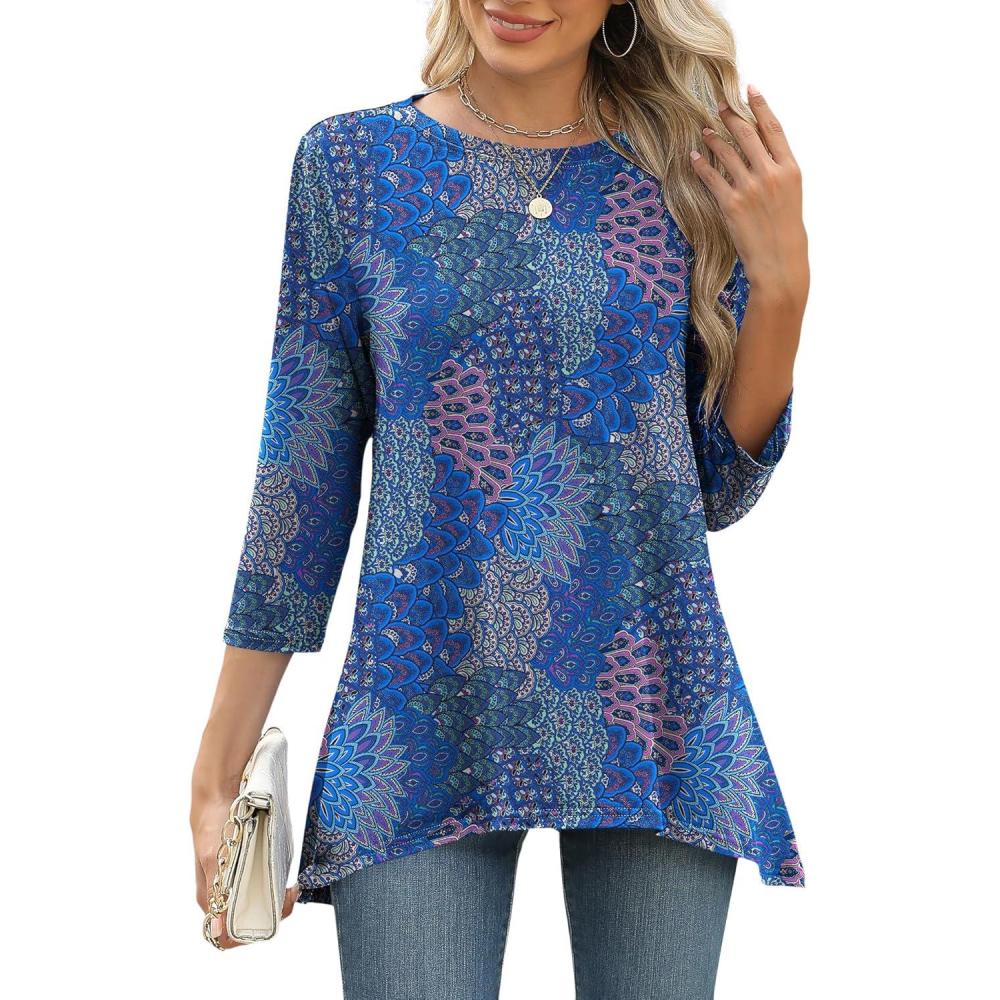 image:imageLOMON 34 Sleeve Tunic Tops for Women Loose Fit Dressy Casual Blouse Flowy Shirts to Wear with Leggings S3XLBlue Feather Floral
