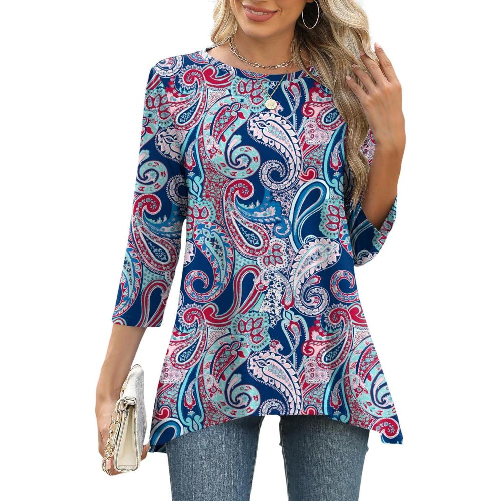 image:imageLOMON 34 Sleeve Tunic Tops for Women Loose Fit Dressy Casual Blouse Flowy Shirts to Wear with Leggings S3XLBlue Paisley