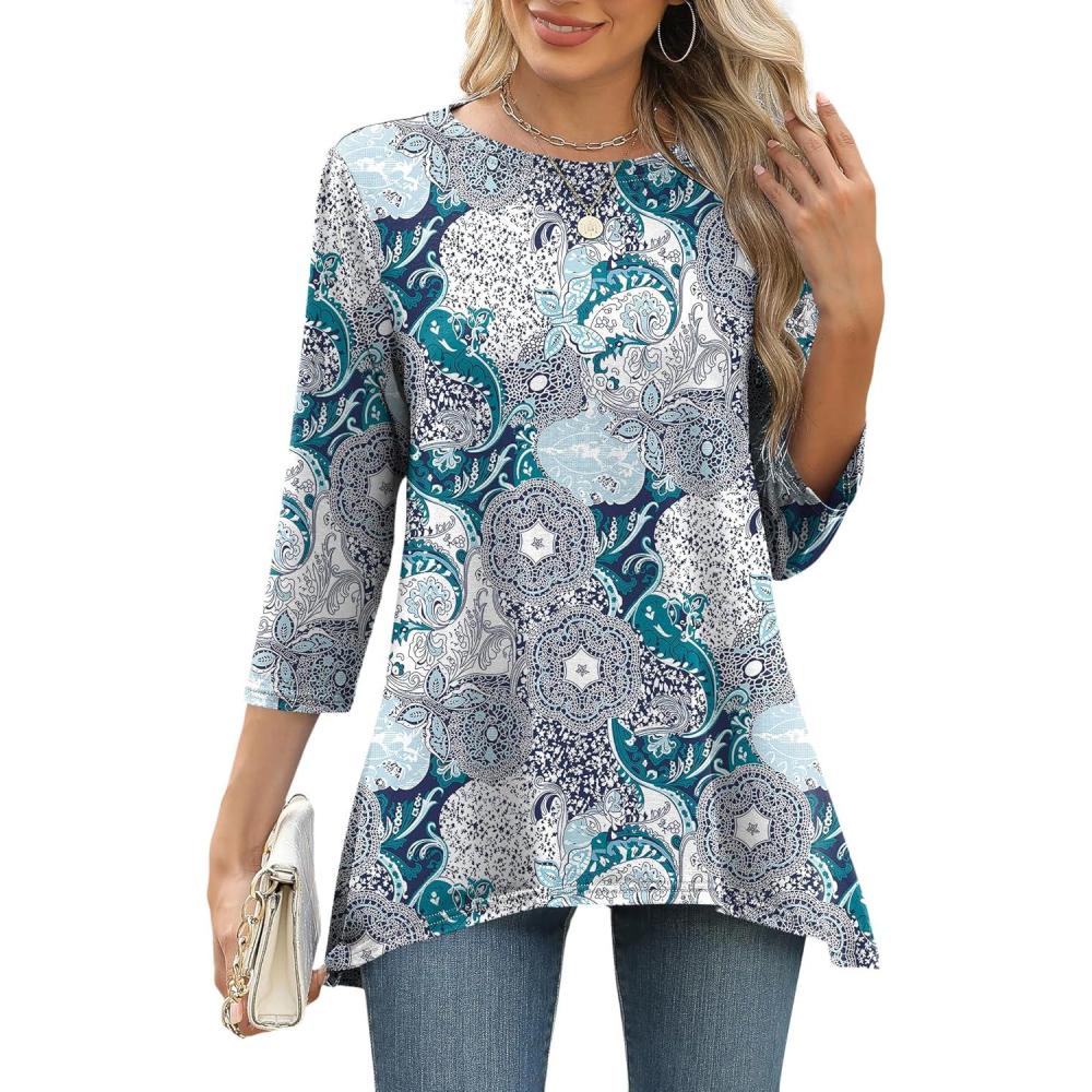 image:imageLOMON 34 Sleeve Tunic Tops for Women Loose Fit Dressy Casual Blouse Flowy Shirts to Wear with Leggings S3XLBlue White Floral