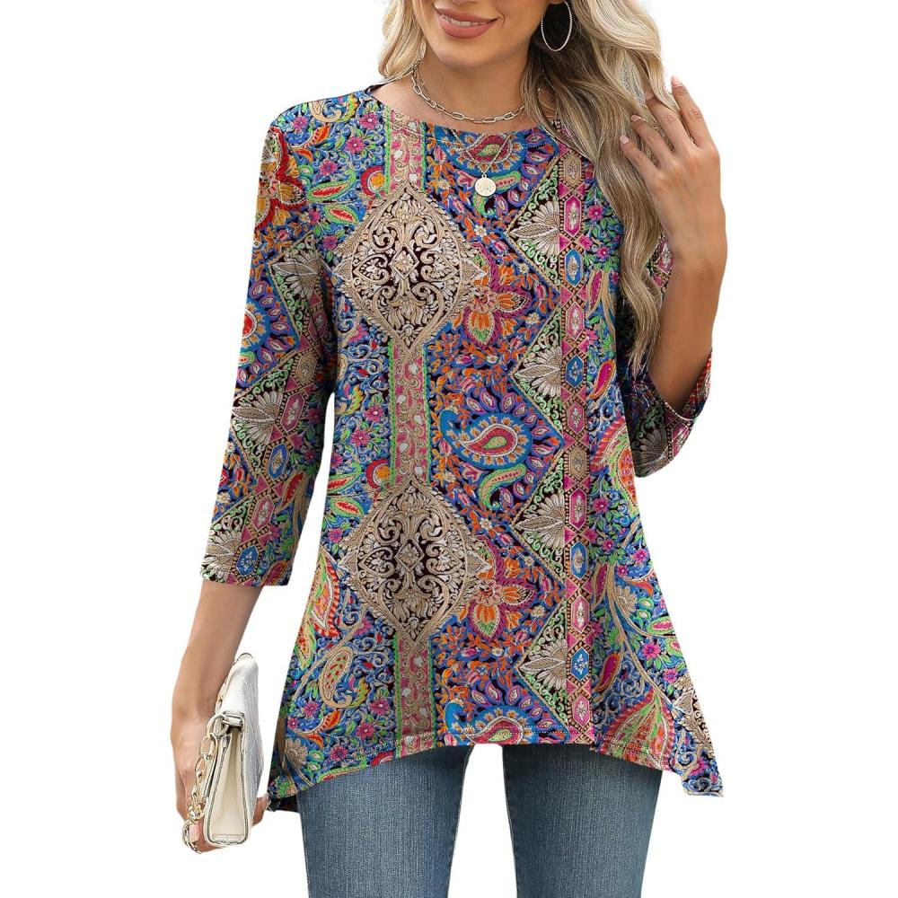 image:imageLOMON 34 Sleeve Tunic Tops for Women Loose Fit Dressy Casual Blouse Flowy Shirts to Wear with Leggings S3XLMulticolor Floral