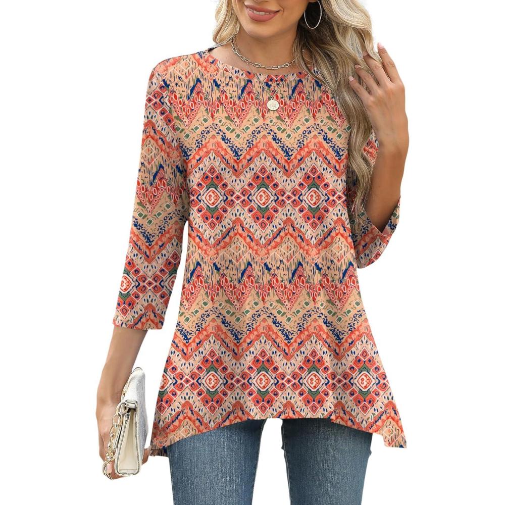 image:imageLOMON 34 Sleeve Tunic Tops for Women Loose Fit Dressy Casual Blouse Flowy Shirts to Wear with Leggings S3XLOrange Floral