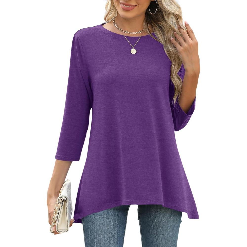 image:imageLOMON 34 Sleeve Tunic Tops for Women Loose Fit Dressy Casual Blouse Flowy Shirts to Wear with Leggings S3XLPurple