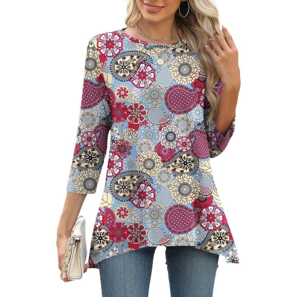 image:imageLOMON 34 Sleeve Tunic Tops for Women Loose Fit Dressy Casual Blouse Flowy Shirts to Wear with Leggings S3XLRed Paisley