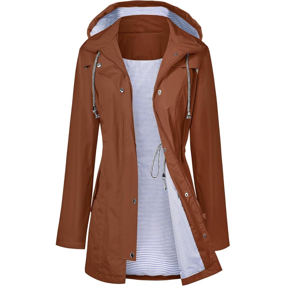 image:imageLOMON Raincoat Women Waterproof Long Hooded Trench Coats Lined Windbreaker Travel Jacket SXXLCaramel Brown