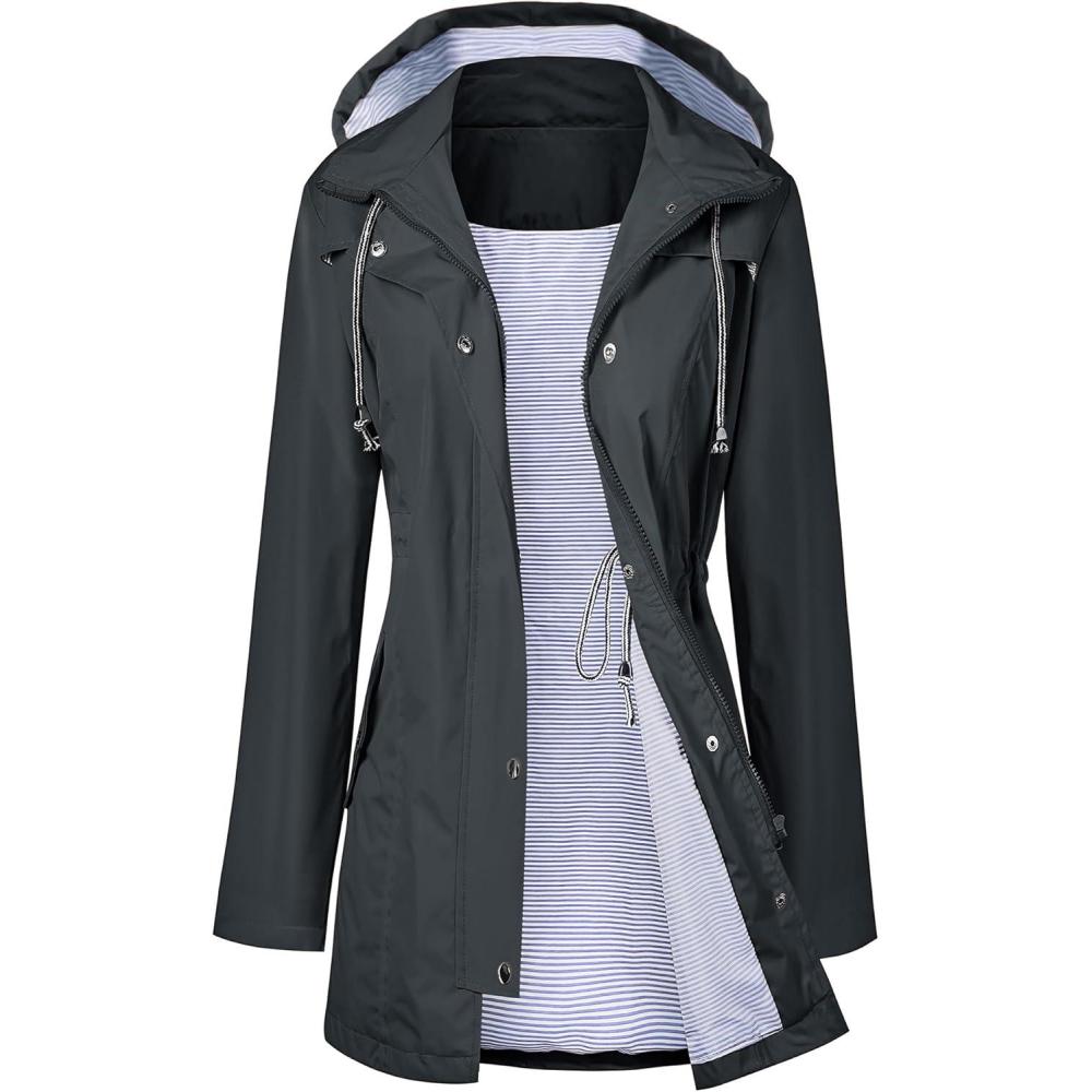 image:imageLOMON Raincoat Women Waterproof Long Hooded Trench Coats Lined Windbreaker Travel Jacket SXXLDeep Gray