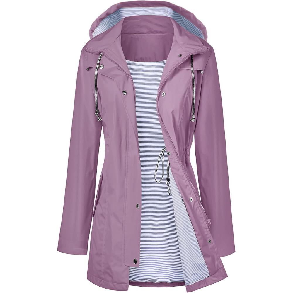 image:imageLOMON Raincoat Women Waterproof Long Hooded Trench Coats Lined Windbreaker Travel Jacket SXXLGrey Purple