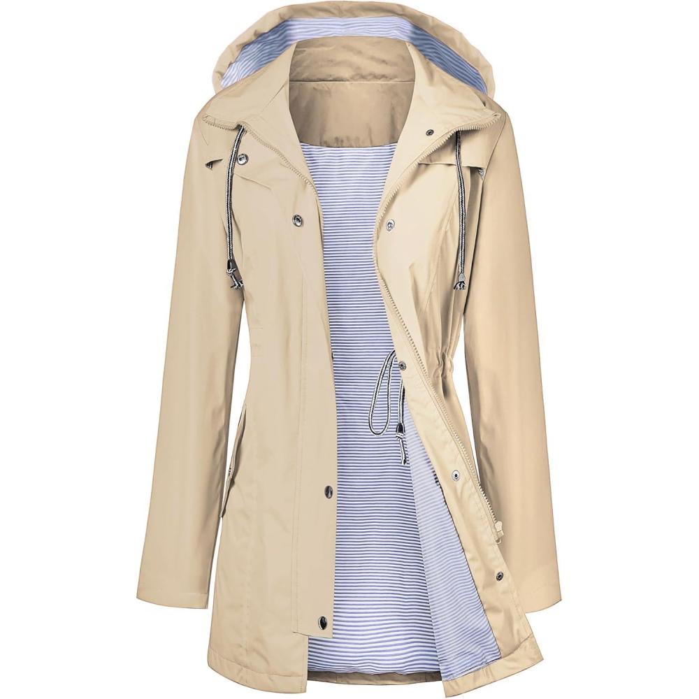 image:imageLOMON Raincoat Women Waterproof Long Hooded Trench Coats Lined Windbreaker Travel Jacket SXXLKhaki