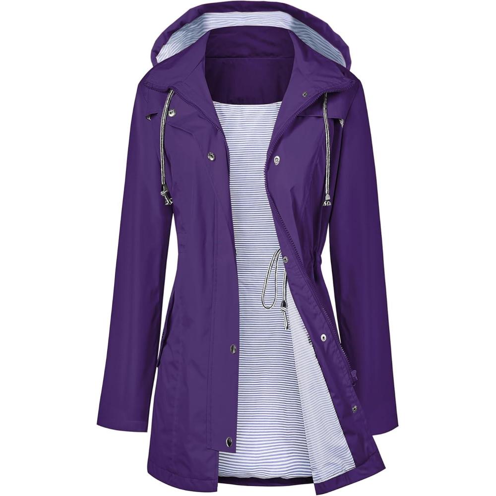 image:imageLOMON Raincoat Women Waterproof Long Hooded Trench Coats Lined Windbreaker Travel Jacket SXXLPurple