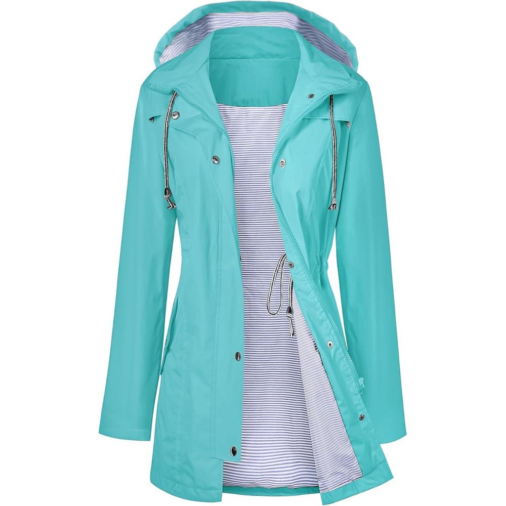 image:imageLOMON Raincoat Women Waterproof Long Hooded Trench Coats Lined Windbreaker Travel Jacket SXXLTurquoise