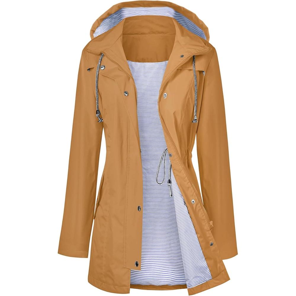 image:imageLOMON Raincoat Women Waterproof Long Hooded Trench Coats Lined Windbreaker Travel Jacket SXXLYellow Khaki