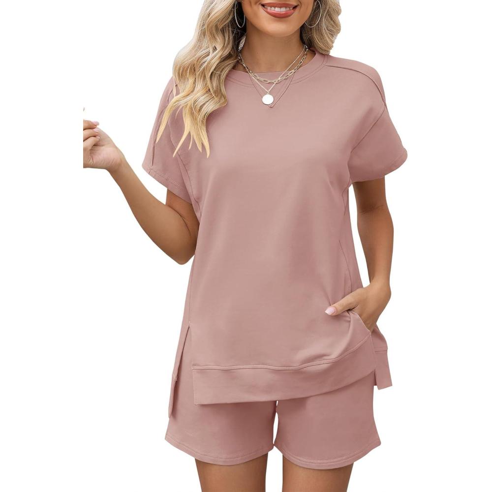 image:imageLOMON Womens Fashion 2 Piece Outfits Sweatsuits 2026 Summer Short Sleeve Loungewear Tracksuit Round Neck Lounge Shorts SetsAdobe Rose