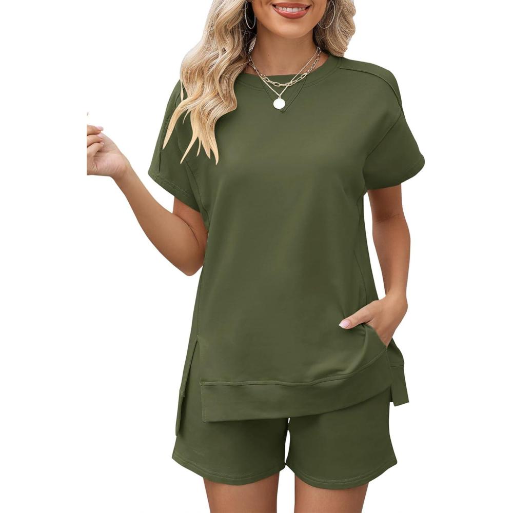 image:imageLOMON Womens Fashion 2 Piece Outfits Sweatsuits 2026 Summer Short Sleeve Loungewear Tracksuit Round Neck Lounge Shorts SetsArmy Green