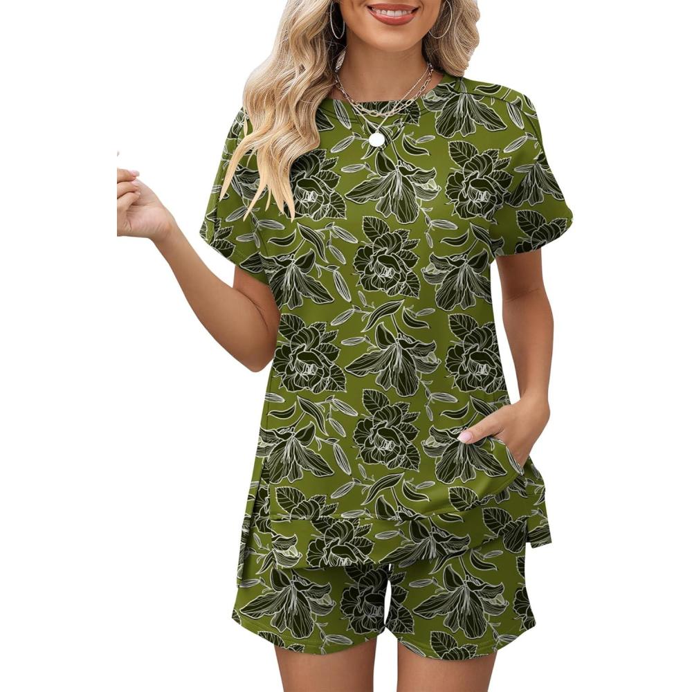 image:imageLOMON Womens Fashion 2 Piece Outfits Sweatsuits 2026 Summer Short Sleeve Loungewear Tracksuit Round Neck Lounge Shorts SetsArmy Green Floral
