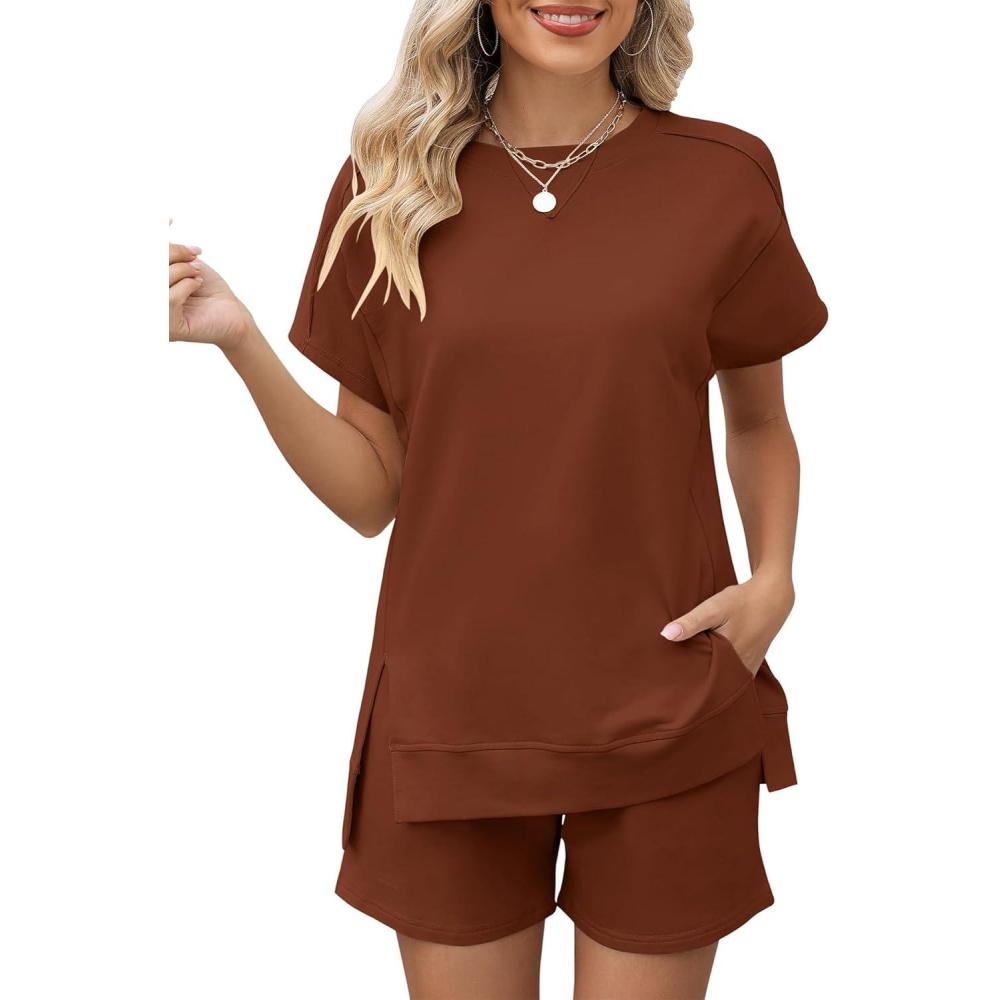 image:imageLOMON Womens Fashion 2 Piece Outfits Sweatsuits 2026 Summer Short Sleeve Loungewear Tracksuit Round Neck Lounge Shorts SetsBrick Red