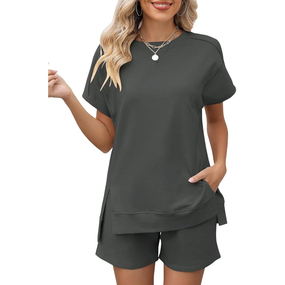 image:imageLOMON Womens Fashion 2 Piece Outfits Sweatsuits 2026 Summer Short Sleeve Loungewear Tracksuit Round Neck Lounge Shorts SetsDark Gray