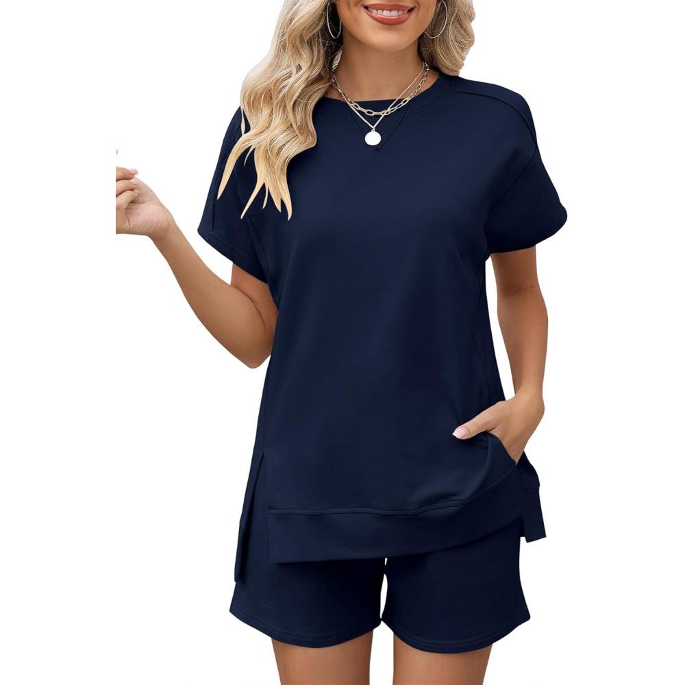 image:imageLOMON Womens Fashion 2 Piece Outfits Sweatsuits 2026 Summer Short Sleeve Loungewear Tracksuit Round Neck Lounge Shorts SetsNavy Blue