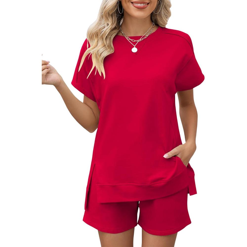 image:imageLOMON Womens Fashion 2 Piece Outfits Sweatsuits 2026 Summer Short Sleeve Loungewear Tracksuit Round Neck Lounge Shorts SetsRed