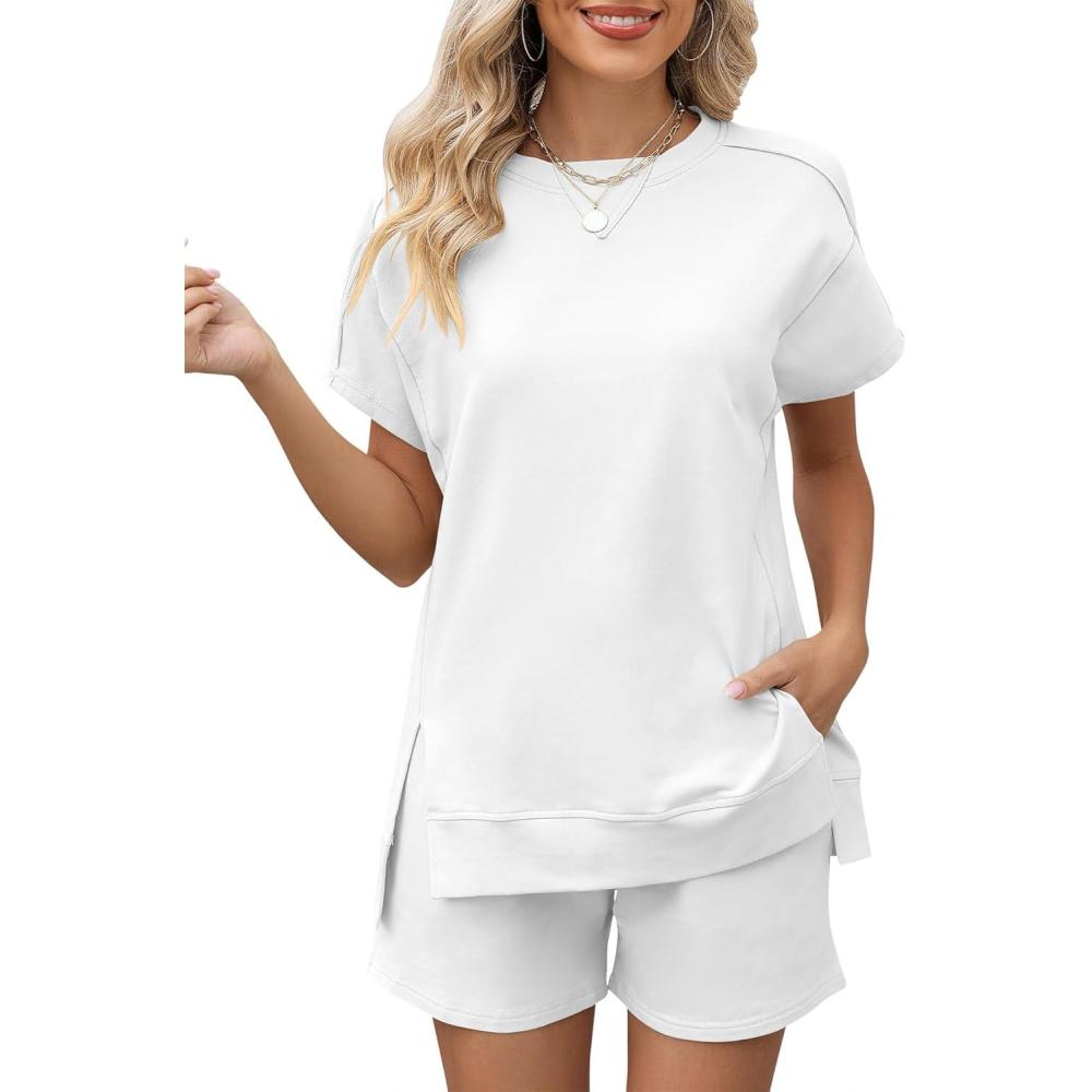 image:imageLOMON Womens Fashion 2 Piece Outfits Sweatsuits 2026 Summer Short Sleeve Loungewear Tracksuit Round Neck Lounge Shorts SetsWhite