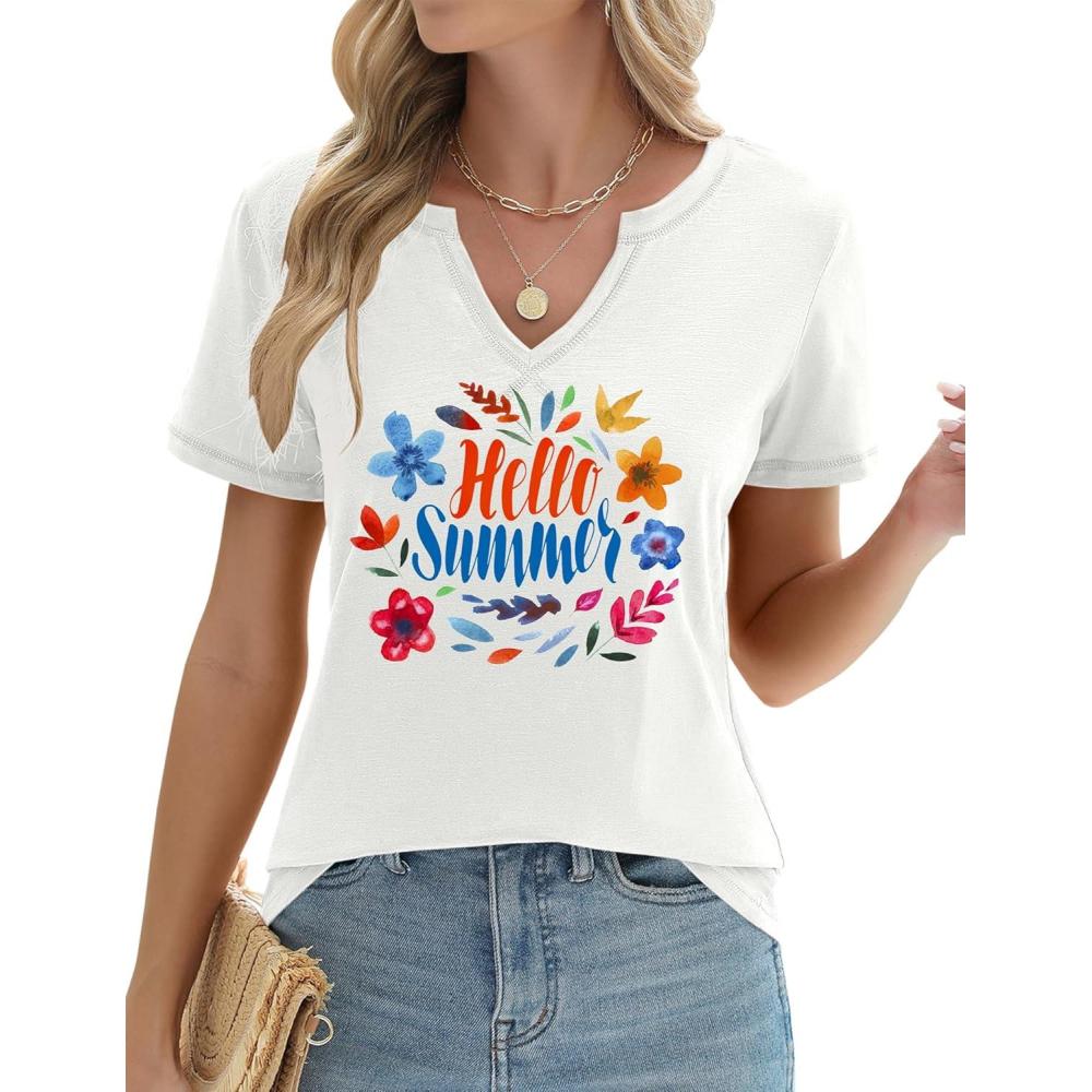 image:imageLOMON Womens Short Sleeve T Shirts V Neck Cute Basic Tee Summer Tops Dressy CasualWhite Print