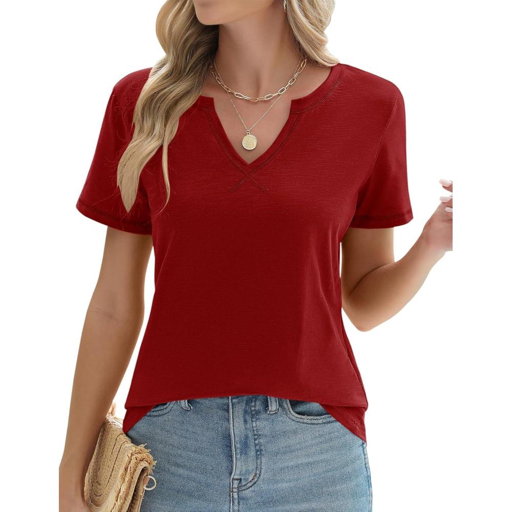 image:imageLOMON Womens Short Sleeve T Shirts V Neck Cute Basic Tee Summer Tops Dressy CasualWine Red