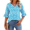 image:imageLOMON 34 Length Sleeve Womens Tops Summer VNeck Blouses Spring Ruffle Sleeve Tunic TShirts Dressy CasualA1 Blue White Floral