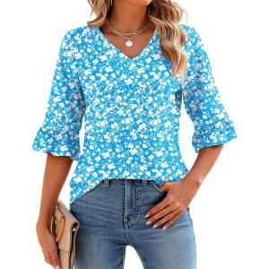 LOMON 3/4 Length Sleeve Womens Tops Summer V-Neck Blouses Spring Ruffle Sleeve Tunic T-Shirts Dressy Casual(A1 Blue White Floral)