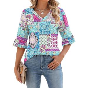 LOMON 3/4 Length Sleeve Womens Tops Summer V-Neck Blouses Spring Ruffle Sleeve Tunic T-Shirts Dressy Casual(A1 Bohemia Blueblocks)