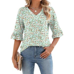 LOMON 3/4 Length Sleeve Womens Tops Summer V-Neck Blouses Spring Ruffle Sleeve Tunic T-Shirts Dressy Casual(A1 Green White Floral)