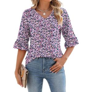 LOMON 3/4 Length Sleeve Womens Tops Summer V-Neck Blouses Spring Ruffle Sleeve Tunic T-Shirts Dressy Casual(A1 Purple Floral)