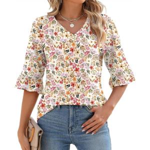 LOMON 3/4 Length Sleeve Womens Tops Summer V-Neck Blouses Spring Ruffle Sleeve Tunic T-Shirts Dressy Casual(A1 White Red Floral)