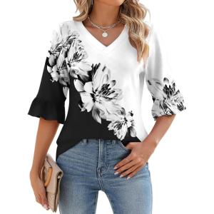 LOMON 3/4 Length Sleeve Womens Tops Summer V-Neck Blouses Spring Ruffle Sleeve Tunic T-Shirts Dressy Casual(A2 Black White Floral)