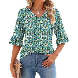 LOMON 3/4 Length Sleeve Womens Tops Summer V-Neck Blouses Spring Ruffle Sleeve Tunic T-Shirts Dressy Casual(A2 Blue Green Floral)