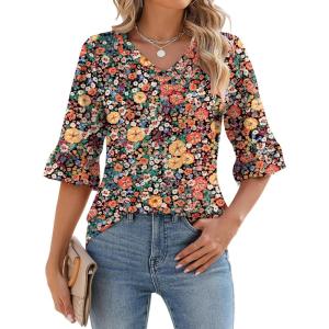 LOMON 3/4 Length Sleeve Womens Tops Summer V-Neck Blouses Spring Ruffle Sleeve Tunic T-Shirts Dressy Casual(A2 Colorful Floral)
