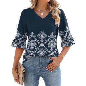 LOMON 3/4 Length Sleeve Womens Tops Summer V-Neck Blouses Spring Ruffle Sleeve Tunic T-Shirts Dressy Casual(A2 Floral Navy)