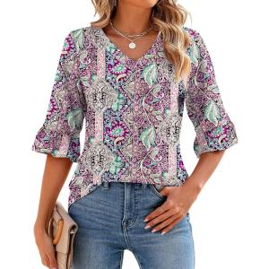 LOMON 3/4 Length Sleeve Womens Tops Summer V-Neck Blouses Spring Ruffle Sleeve Tunic T-Shirts Dressy Casual(A2 Purple Ethnic)