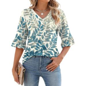 LOMON 3/4 Length Sleeve Womens Tops Summer V-Neck Blouses Spring Ruffle Sleeve Tunic T-Shirts Dressy Casual(A2 White Blue Leaf)