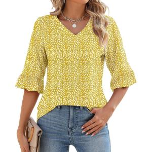 LOMON 3/4 Length Sleeve Womens Tops Summer V-Neck Blouses Spring Ruffle Sleeve Tunic T-Shirts Dressy Casual(A2 Yellow White Dots)