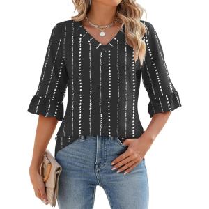 LOMON 3/4 Length Sleeve Womens Tops Summer V-Neck Blouses Spring Ruffle Sleeve Tunic T-Shirts Dressy Casual(Black-white Stripes)