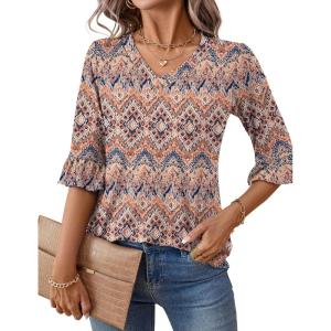 LOMON 3/4 Length Sleeve Womens Tops Summer V-Neck Blouses Spring Ruffle Sleeve Tunic T-Shirts Dressy Casual(Boho)