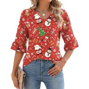 LOMON 3/4 Length Sleeve Womens Tops Summer V-Neck Blouses Spring Ruffle Sleeve Tunic T-Shirts Dressy Casual(Christmas Printed)