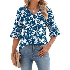 LOMON 3/4 Length Sleeve Womens Tops Summer V-Neck Blouses Spring Ruffle Sleeve Tunic T-Shirts Dressy Casual(Floral 20)