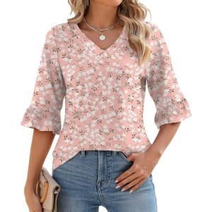 LOMON 3/4 Length Sleeve Womens Tops Summer V-Neck Blouses Spring Ruffle Sleeve Tunic T-Shirts Dressy Casual(Floral 22)