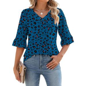 LOMON 3/4 Length Sleeve Womens Tops Summer V-Neck Blouses Spring Ruffle Sleeve Tunic T-Shirts Dressy Casual(Floral 24)
