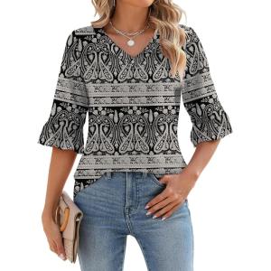 LOMON 3/4 Length Sleeve Womens Tops Summer V-Neck Blouses Spring Ruffle Sleeve Tunic T-Shirts Dressy Casual(Floral 26)